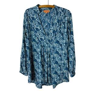 Roberta Freymann Women’s Sz XS Floral Tunic Top Long Sleeve Blue Cotton